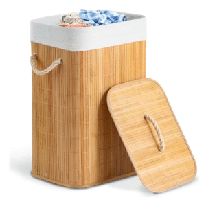 Cesto De Roupa Bambu Dobrável Retangular Com Tampa E Forro